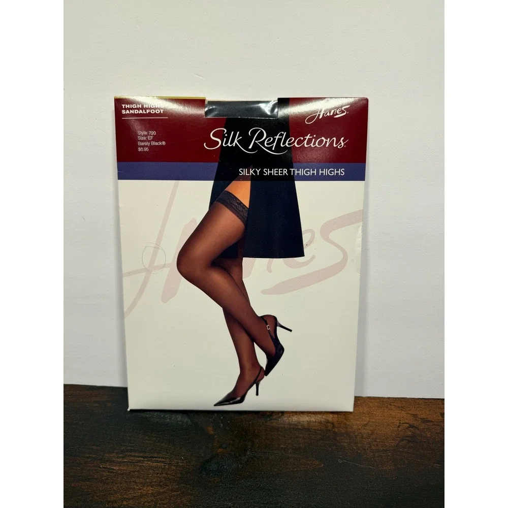 Hanes Silk Reflections Silky Sheer Thigh Highs Barely Black Sandalfoot 720 SZ EF